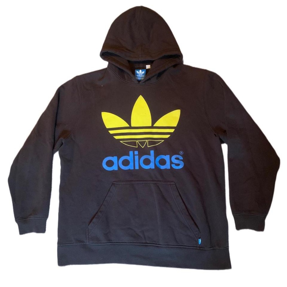 Y2K Adidas Originals Trefoil Hoodie Black Yellow Blue Big Logo Pullover - XL